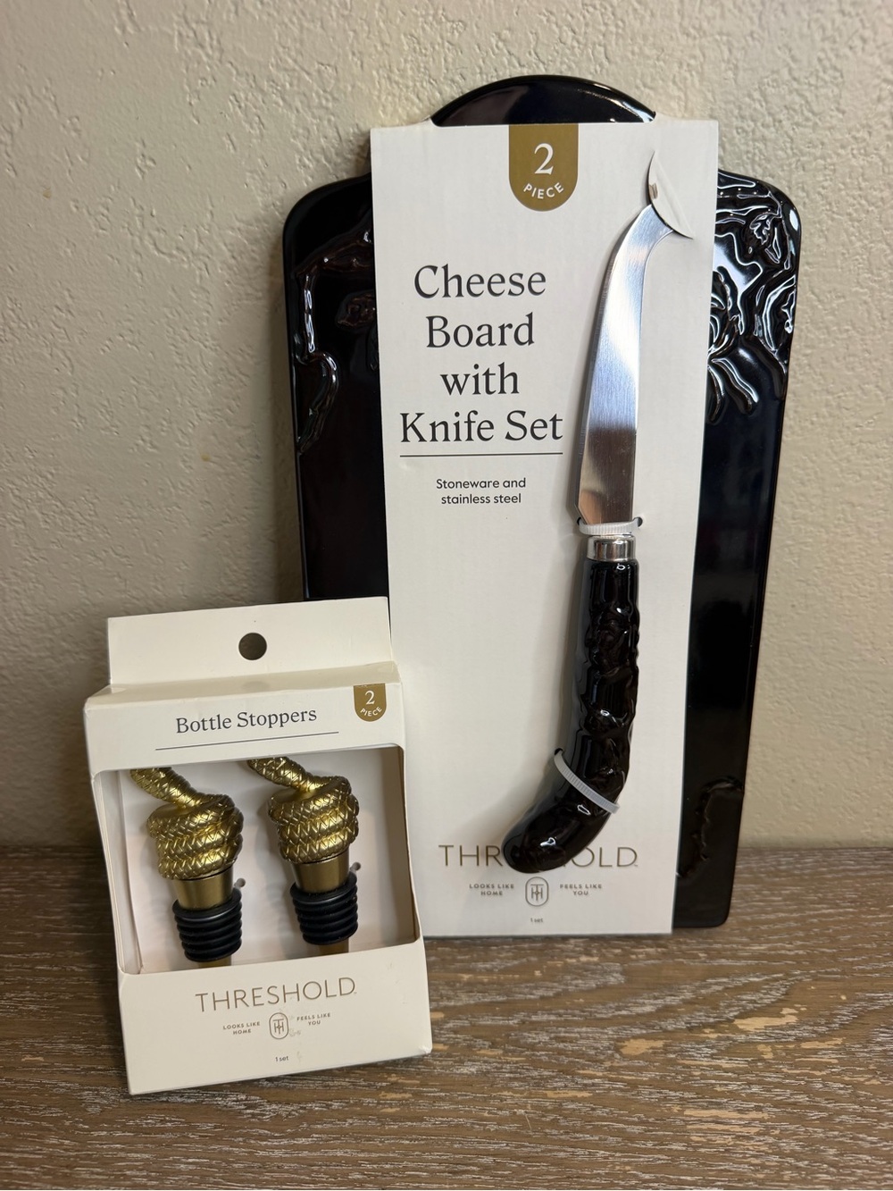 Threshold Espresso Stoneware Cheese Board and Knife Set & Wine Stoppers